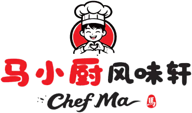 Chef Ma logo, cartoon chef with heart gesture, calligraphy font
